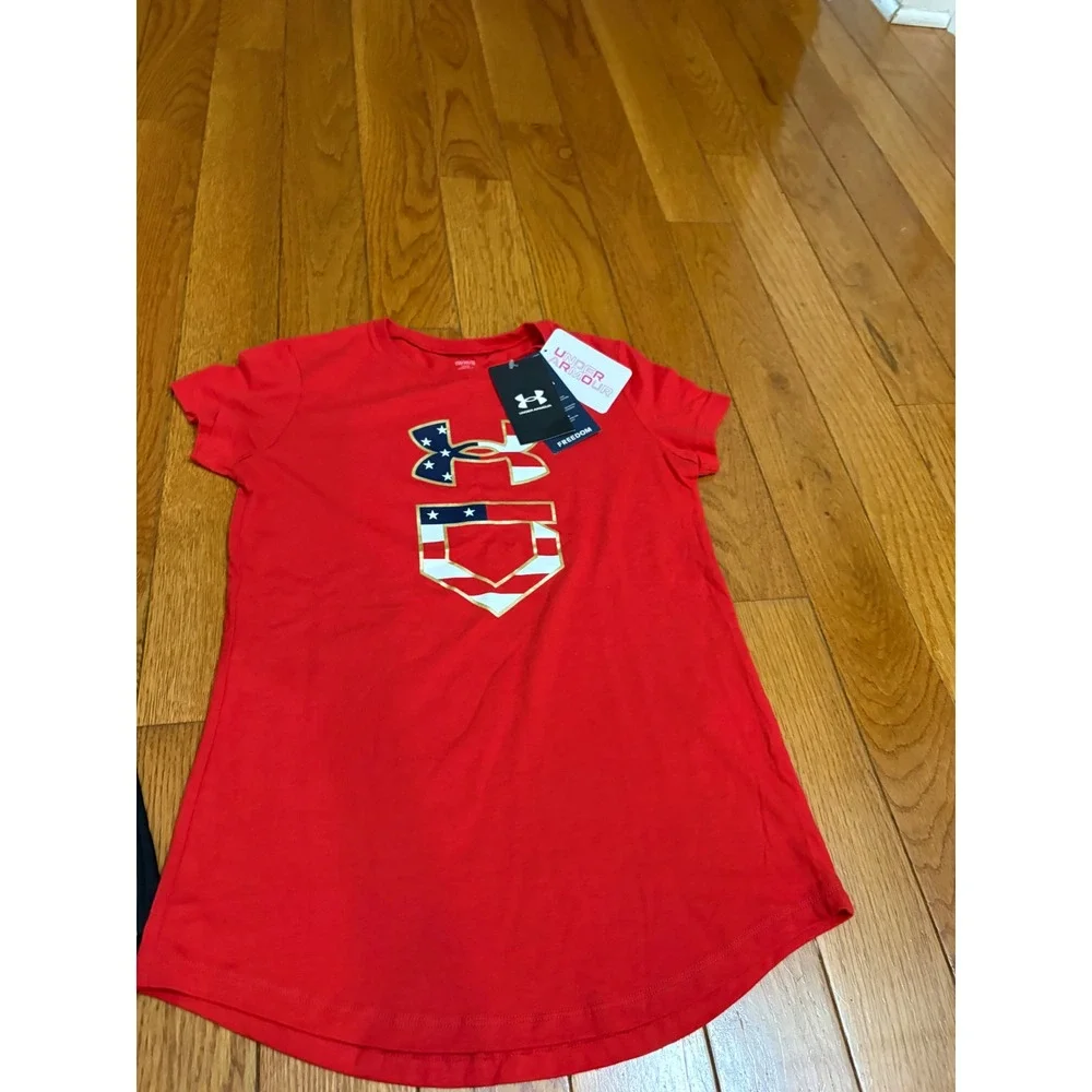 New Under Armour Girls Red Freedom Softball Tee Black Play Up Shorts Set Medium
